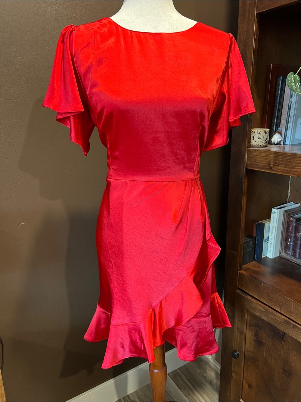 Red Satin Ruffle Wrap-Style Women's Dress